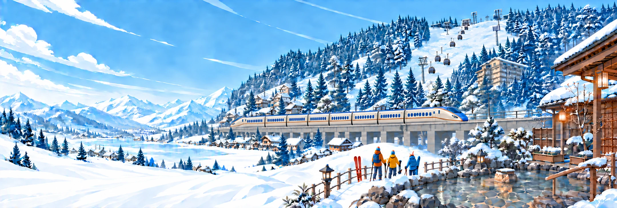 雪之花飯店、石打丸山雪坡、新幹線與露天溫泉的雪旅拼景插畫，前景保留三位旅人；為景物意象組合，非實際地理配置